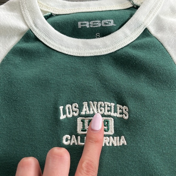 1989 LA Graphic ringer Baby Tee Crop Top Green White S collegiate sporty casual - Picture 11 of 11
